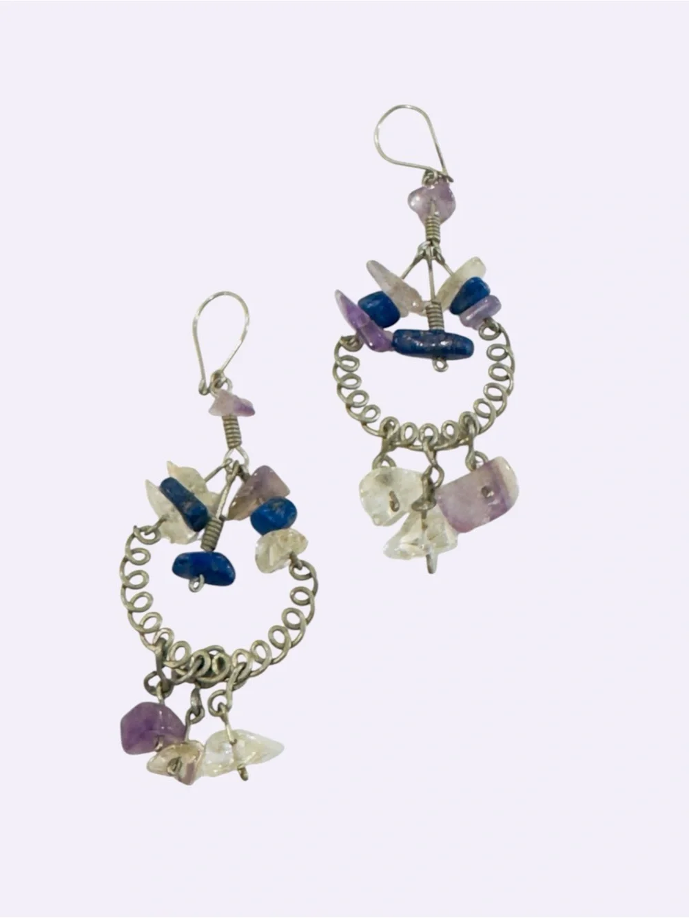 Boho Wire Wrapped Gemstone Dangle Earrings Purple Blue Chip Stone Handmade